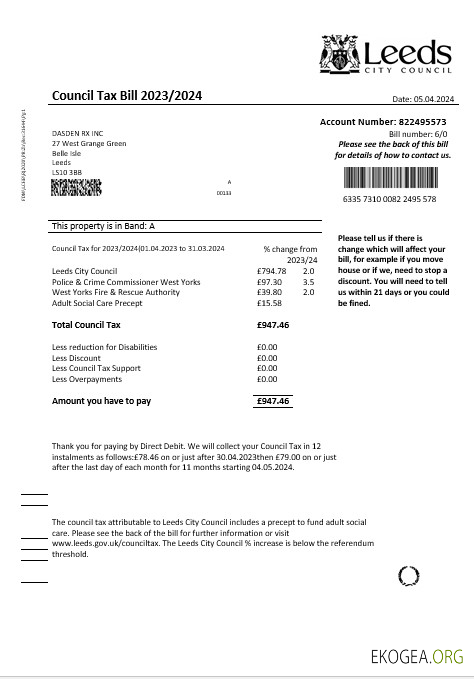 Royaume Uni Modèle de facture de services publics fiscaux pour le conseil municipal de Leeds aux formats Word et PDF